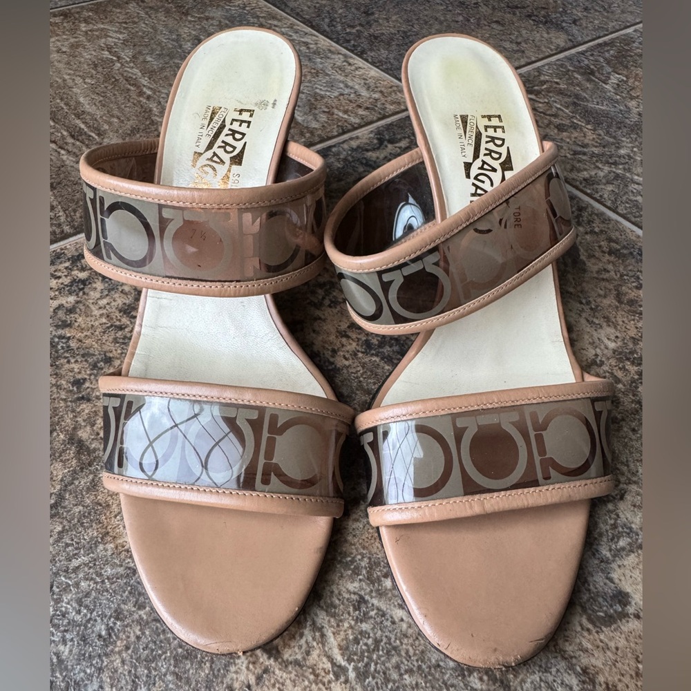 Salvatore Ferragamo Clear Logo Double Strap Sandals- Tan/Beige, Women’s 7.5B